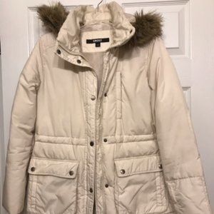 DKNY Down Jacket White Cream with Faux Fur Hood XS